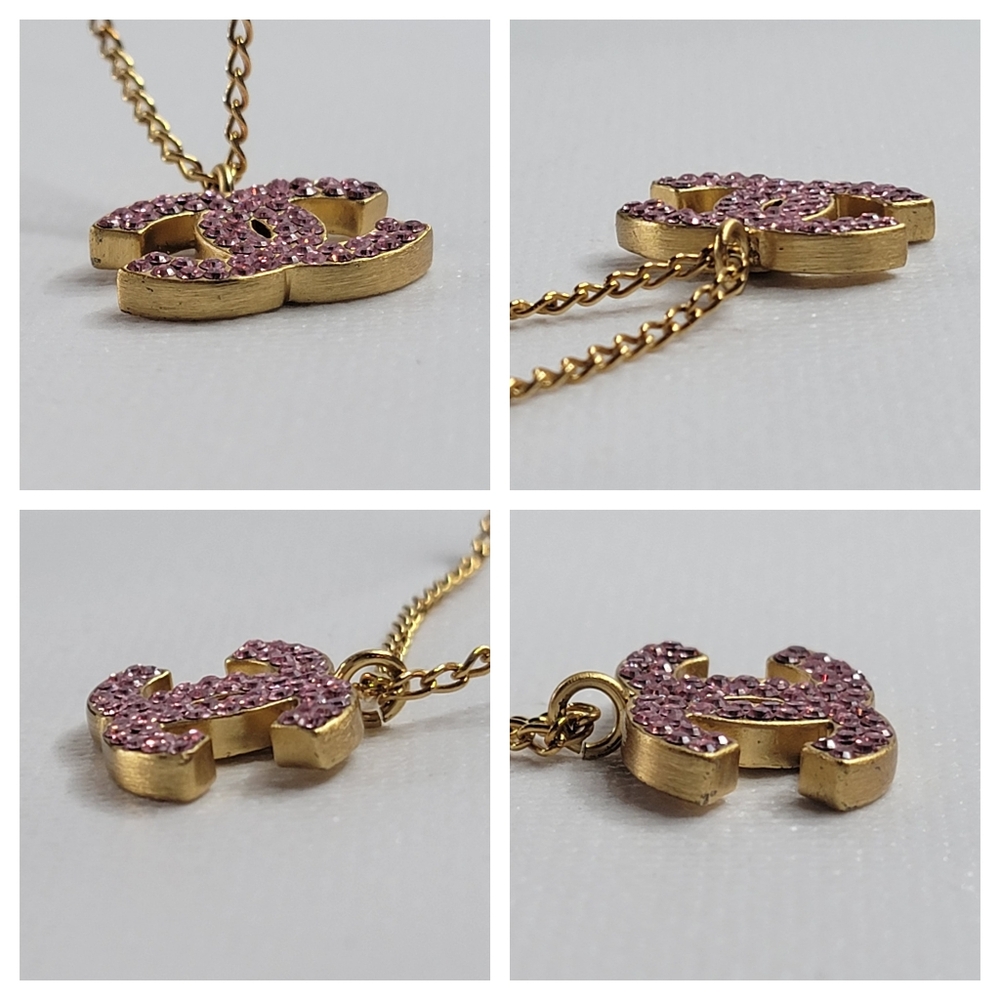 CHANEL CC Logo Gold Tone with Pink Rhinestone Necklace - Picture 10 of 11